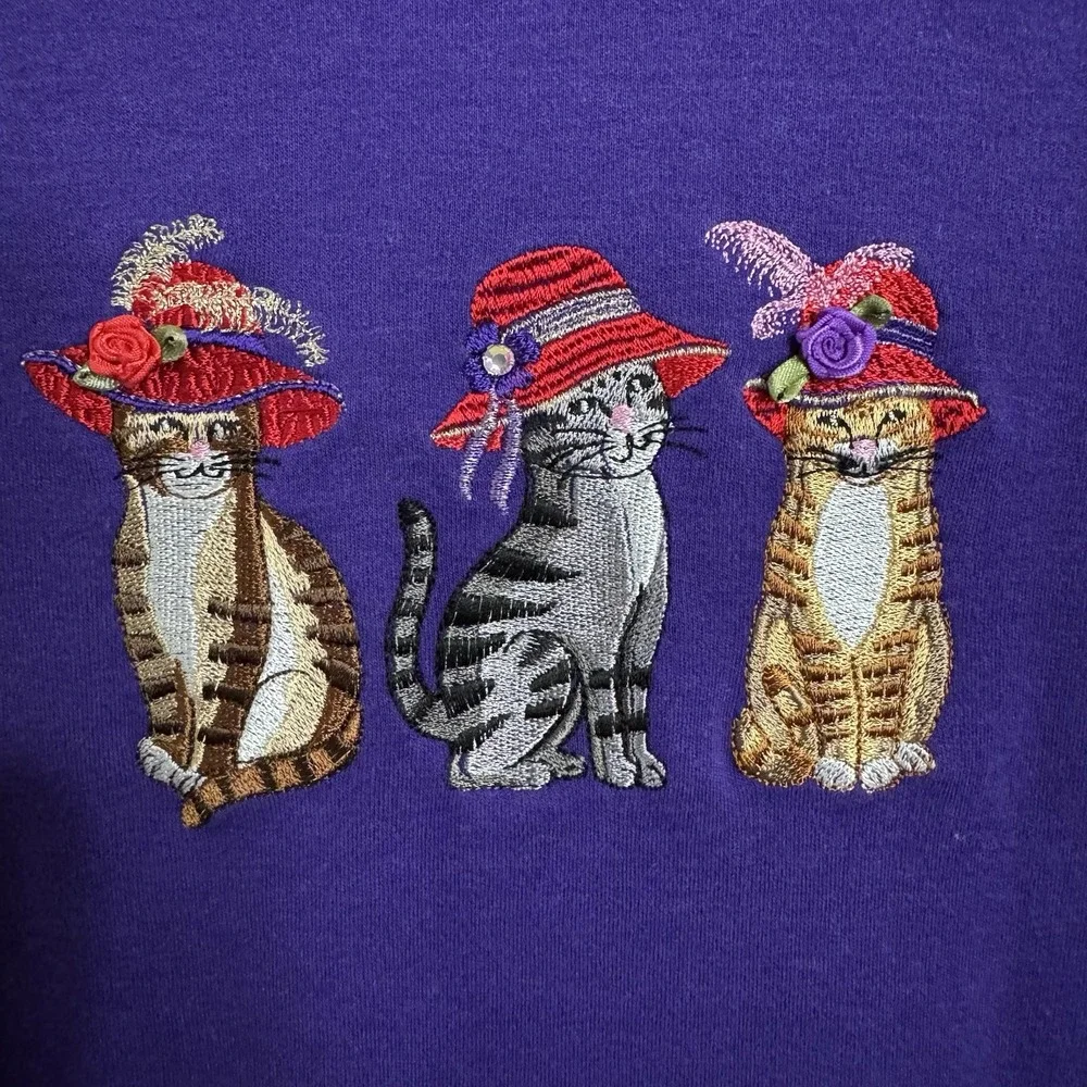 Vintage Cat Lady Mock Neck Sweatshirt Top Size M Crop Purple Red Hat Society 90s - Picture 6 of 13